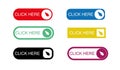 Colorful click here buttons with arrow pointers on a white background Royalty Free Stock Photo