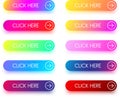 Colorful click here icons with arrow isolated on white. Royalty Free Stock Photo