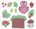 Colorful clipart set with violet owl, forest tree, leaves, brown mushroom, acorn, red berry vector objects isolated on white