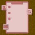 Colorful Clipboard with Tick Box and Three Apps Icons, Magnifying Glass, Chat Head, Envelope. Creative Background Idea