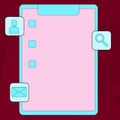 Colorful Clipboard with Tick Box and Three Apps Icons, Magnifying Glass, Chat Head, Envelope. Creative Background Idea