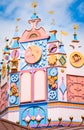 Colorful clock tower in Disneyland theme park in Paris, France