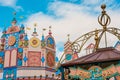 Colorful clock tower in Disneyland theme park in Paris, France