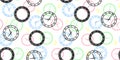 Seamless pattern with colorful clocks, Roman numerals and black watch dials on a white background Royalty Free Stock Photo