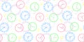 Seamless pattern with multicolored clocks and Roman numerals on a white background with gray watch dials Royalty Free Stock Photo