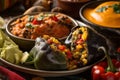 Colorful close-up of Chiles Rellenos stuffed with a mix of sauteed vegetables and cheese, served with a side of corn