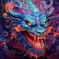 Colorful close up of a fierce blue dragon- generative AI