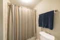 Colorful closed shower curtain in a windowless bathroom