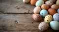 Colorful closeup image of eastern eggs front of light background with light blue surface and wooden bottom