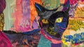 Colorful cloth collage artwork of a cat