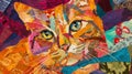 Colorful cloth collage artwork of a cat