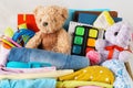 Colorful clothes for children or teenagers, toys and stationery