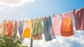 Colorful clothes hanging to dry on a laundry line and sun shining in the blue sky. Generative AI Royalty Free Stock Photo