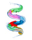Colorful clothes rotates in a swirl of water splashes