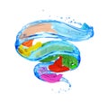 Colorful clothes rotates in a swirl of water splashes