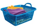 Colorful cloths in a blue mesh plastic basket isolated white background - generated by ai Royalty Free Stock Photo