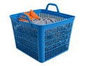 Colorful cloths in a blue mesh plastic basket isolated white background - generated by ai Royalty Free Stock Photo
