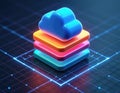 Colorful cloud storage icon with vibrant stacked layers on dark grid background. Represents technology, digital services, online Royalty Free Stock Photo