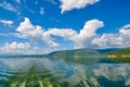 White clouds blue sky beautiful lake with wonderful mirror reflecion Royalty Free Stock Photo