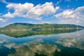 White clouds blue sky beautiful lake with wonderful mirror reflecion