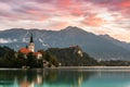 Colorful Clouds over Bled Lake and Church in Slovenia at Sunrise Royalty Free Stock Photo