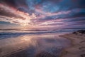 Colorful cloudy sky enhances picturesque seascape beauty