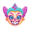 Colorful clown face vector illustration. Playful circus character with party hat and makeup. Cartoon fun and