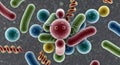 A colorful cluster of various bacteria, viruses, and germs under a microscope. Royalty Free Stock Photo