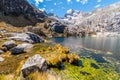 Colorful coast of Laguna Churup lake, Huaraz trek, Cordillera Blanca, Peru, South America