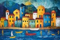 Colorful Coastal Village Painting. Generative AI Illustration Royalty Free Stock Photo