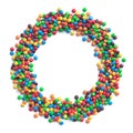 Colorful coated chocolate candies arranged in circle frame. 3d illustration
