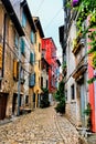 Colorful cobblestone street in the Old Town of Rovijn, Croatia Royalty Free Stock Photo