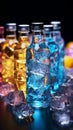 Colorful cocktail bottles nestled amidst a bed of sparkling, multicolored ice Royalty Free Stock Photo