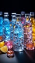 Colorful cocktail bottles nestled amidst a bed of sparkling, multicolored ice Royalty Free Stock Photo