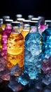 Colorful cocktail bottles nestled amidst a bed of sparkling, multicolored ice Royalty Free Stock Photo