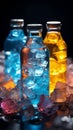 Colorful cocktail bottles nestled amidst a bed of sparkling, multicolored ice Royalty Free Stock Photo