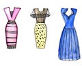 Colorful cocktail dresses drawn by watercolor