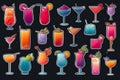 Colorful cocktail drink seamless pattern.Various cocktails on dark background.Banner set for background, wrapping paper, fabric Royalty Free Stock Photo