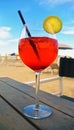 Colorful cocktail drink on wood table in beach bar, Royalty Free Stock Photo