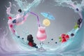 Colorful cocktail with lemon, berries, bubbles and splashes. Club party. AI generated