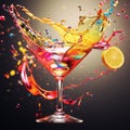 Colorful cocktail in martini glass with splash, isolated on black background Royalty Free Stock Photo