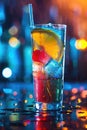 Colorful Cocktail with Orange Slice in Festive Bokeh Background