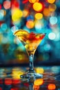 Colorful Cocktail with Orange Slice in Festive Bokeh Background