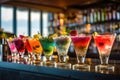 Colorful cocktails on the bar counter. Generative AI technology