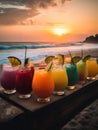Colorful cocktails on the beach at sunset. Summer vacation concept. Siesta. Evening aperitif. Tropical background. relaxation. gen Royalty Free Stock Photo