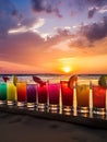 Colorful cocktails on the beach at sunset. Summer vacation concept. Siesta. Evening aperitif. Tropical background. relaxation. gen Royalty Free Stock Photo