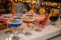 Colorful cocktails on the bar table in restaurant Royalty Free Stock Photo