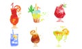 Colorful Cocktails Collection, Summer Alcoholic Drinks Watercolor Hand Drawn Vector Illustration Royalty Free Stock Photo