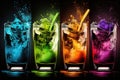 Colorful cocktails with ice and splashes on a black background