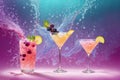 Colorful cocktails with lemon, bubbles and splashes. Club party. AI generated